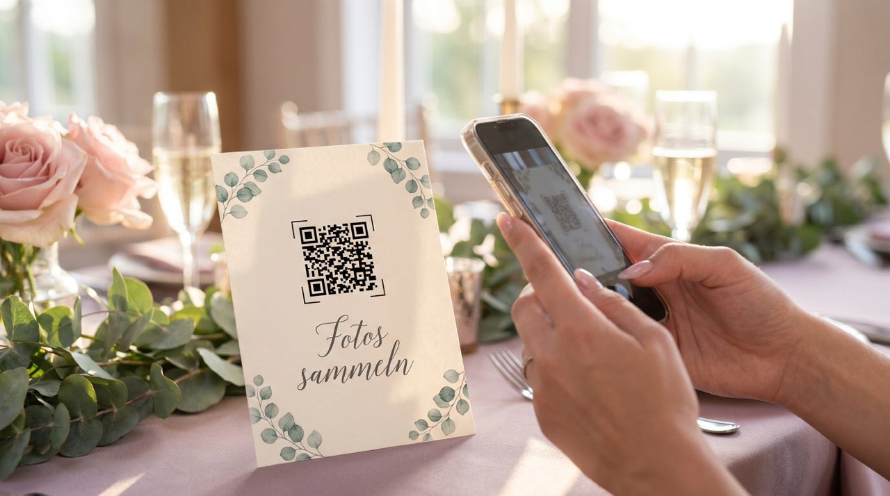 Gast scannt QR-Code-Karte auf einer Hochzeit, um Hochzeitsfotos mit dem Smartphone hochzuladen