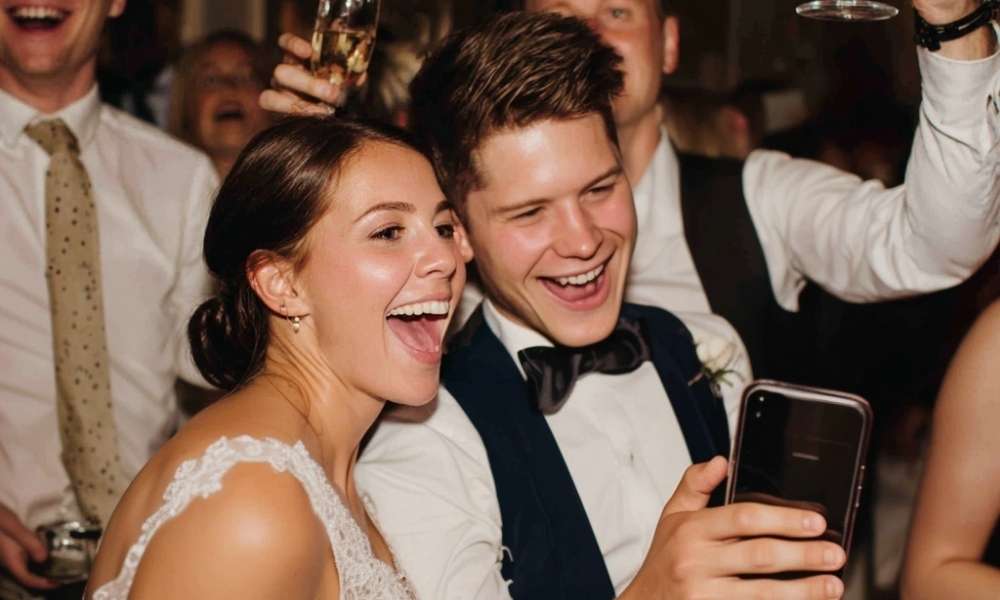 Ein lachendes Brautpaar nutzt ein Smartphone auf der Hochzeitsfeier, um Fotos über einen Hochzeit QR-Code hochzuladen oder die digitale Fotogalerie der Gäste live anzusehen.
