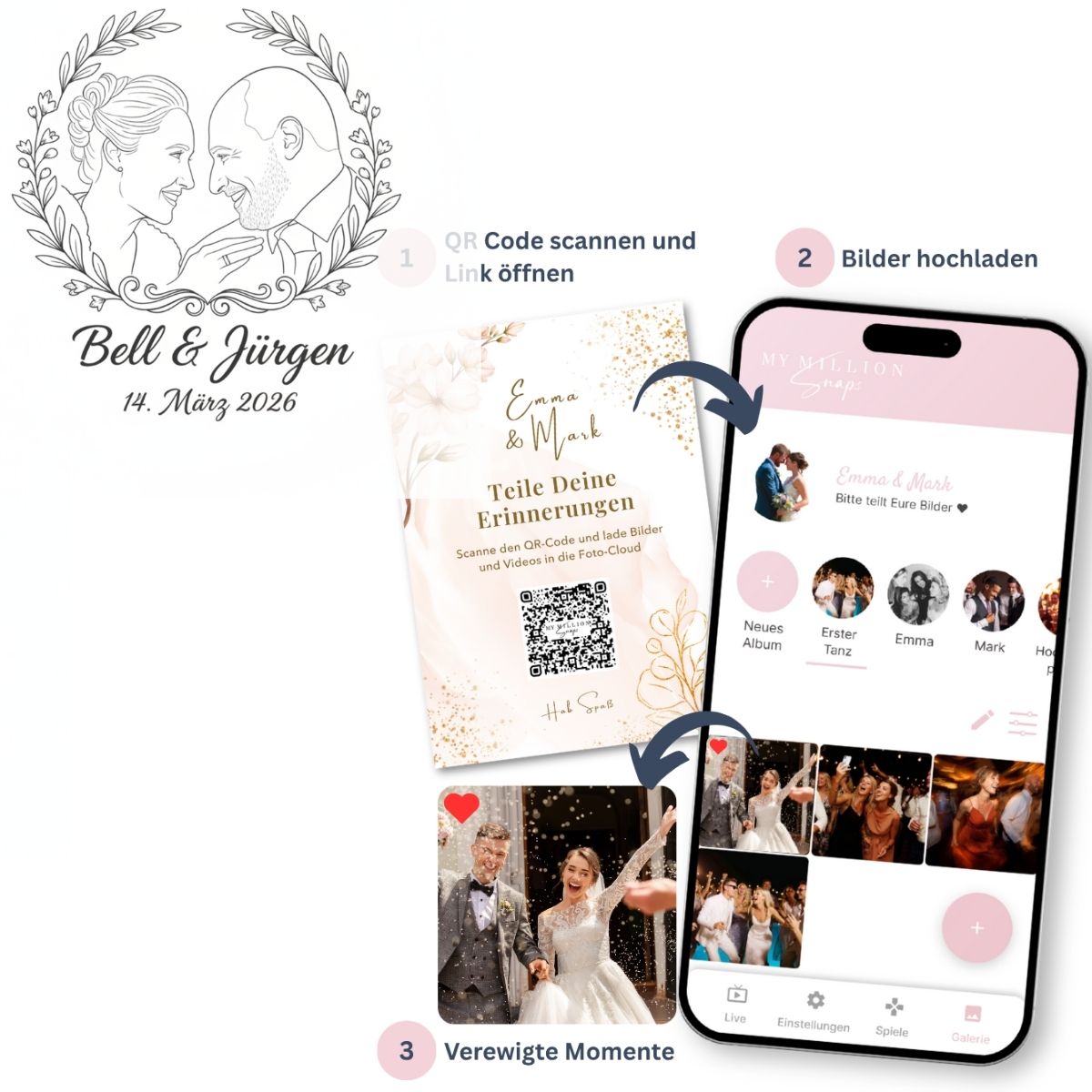 Hochzeitsgalerie + Hochzeitslogo Bundle – Fotos & Videos mit QR-Code sammeln