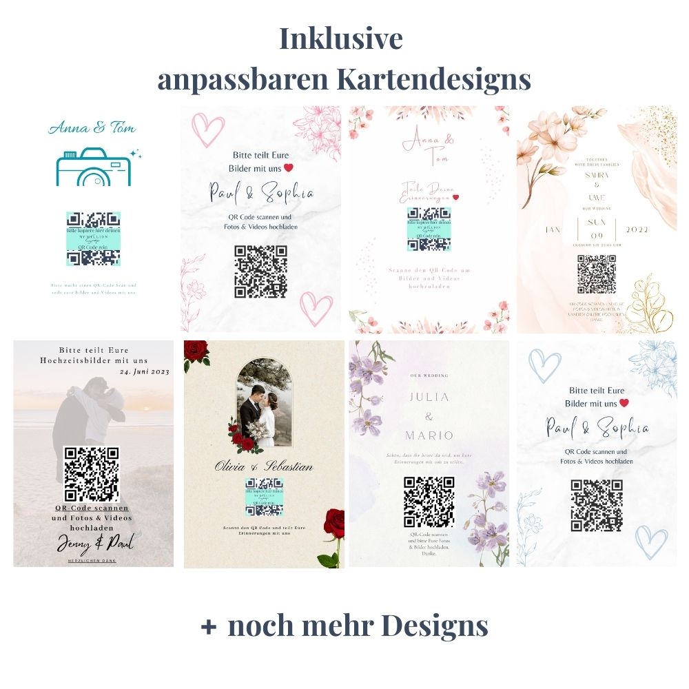 Personalisierbare Hochzeits Foto & Video App inkl. QR-Code und Designkarten