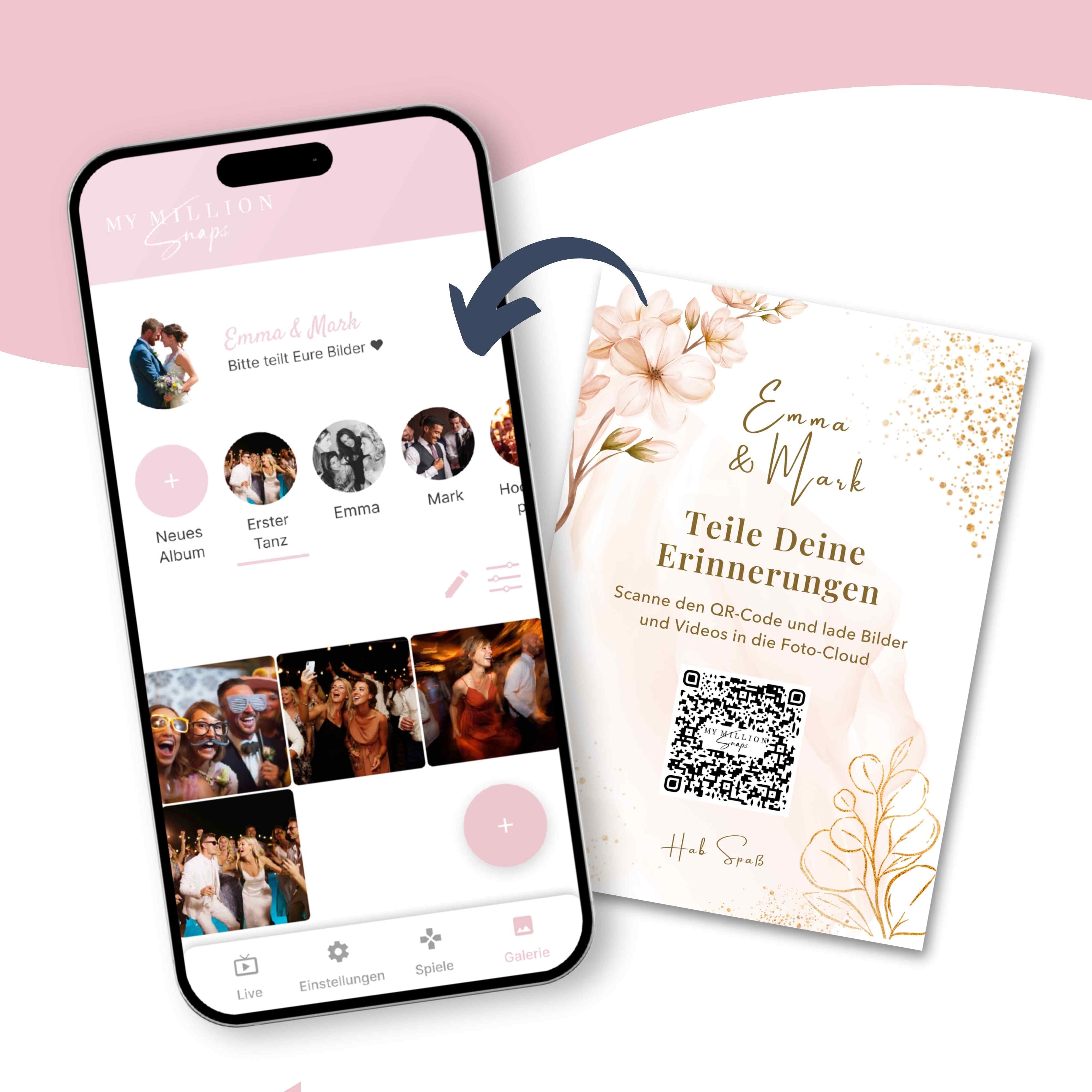 Personalisierbare Hochzeits Foto & Video App inkl. QR-Code und Designkarten