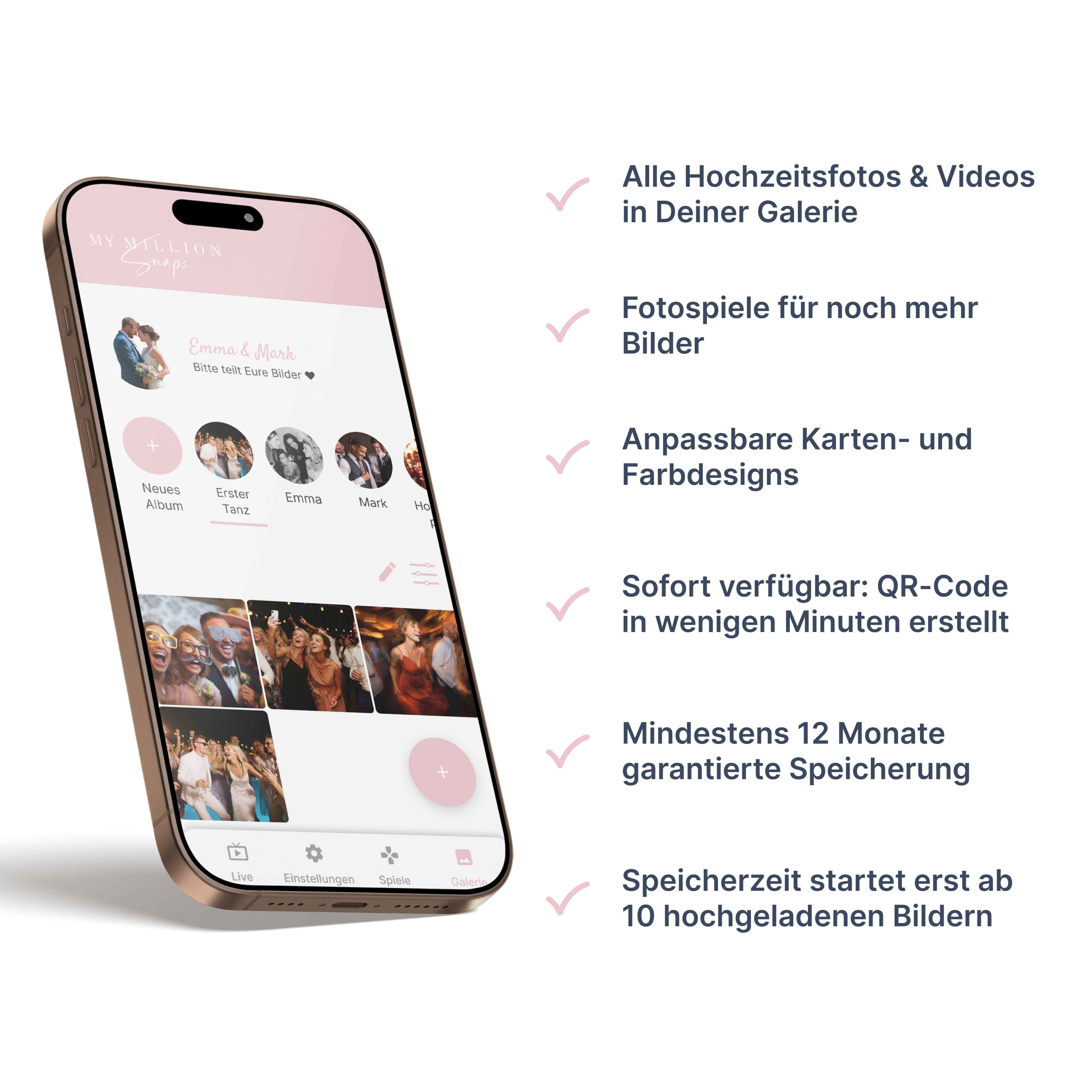 Funktionen der digitalen Hochzeits-Foto-Cloud: Sofort verfügbarer QR-Code, personalisierbare Karten-Designs und eine Speichergarantie, die erst ab dem 10. hochgeladenen Bild beginnt. Sicherer Speicher für alle Hochzeitserinnerungen.