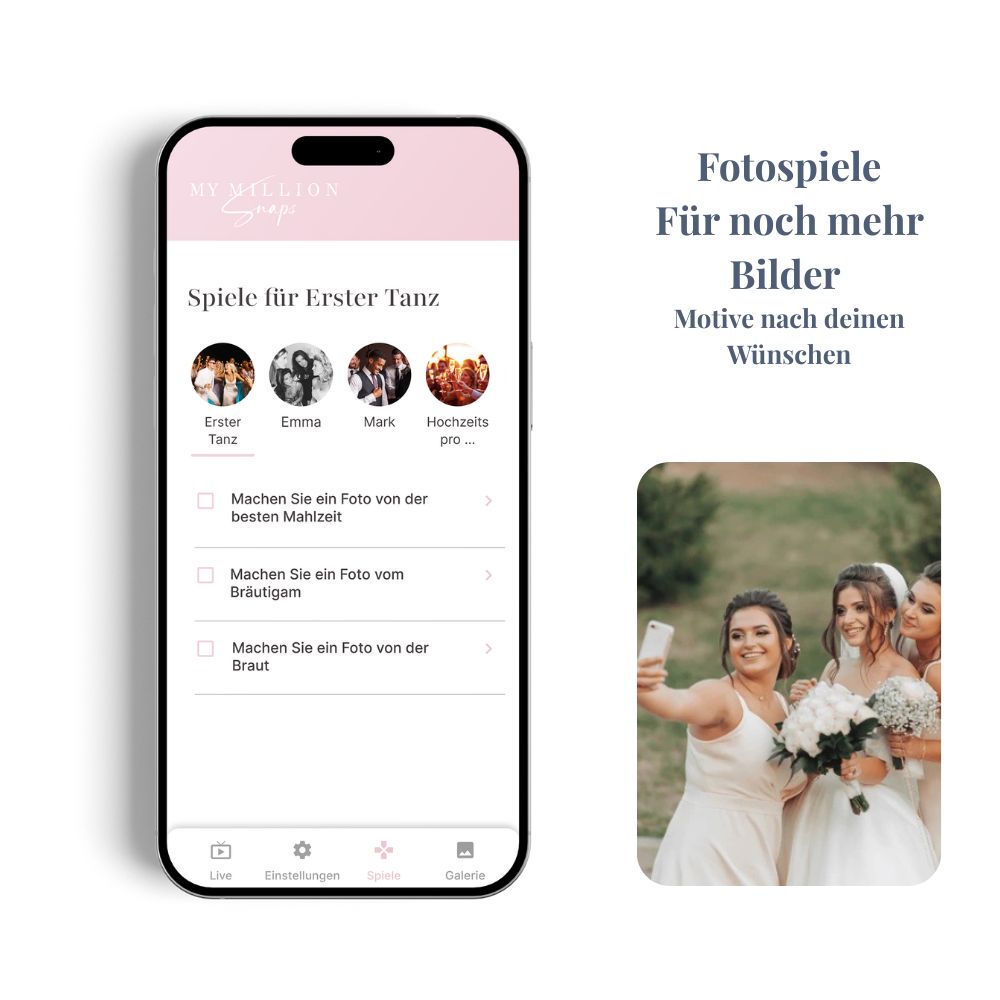 Mehr Bilder durch Hochzeits-Fotospiele: Die digitale App-Oberfläche motiviert Gäste durch individuelle Foto-Challenges, Schnappschüsse direkt in die Online-Hochzeitsgalerie hochzuladen.