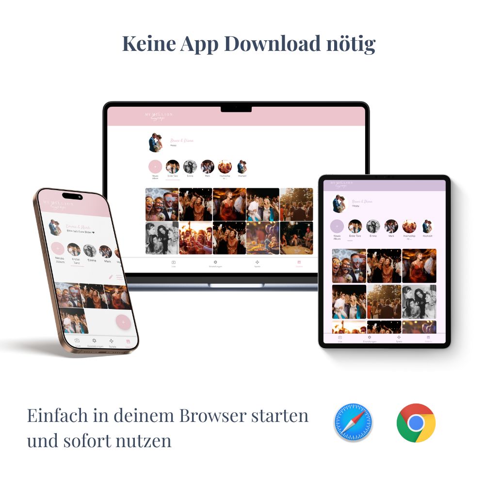 Die Online-Hochzeitsgalerie von MyMillionSnaps auf Smartphone, Tablet und Laptop. Es ist kein App-Download nötig; Gäste können die Galerie einfach im Browser starten und sofort Hochzeitsfotos teilen.