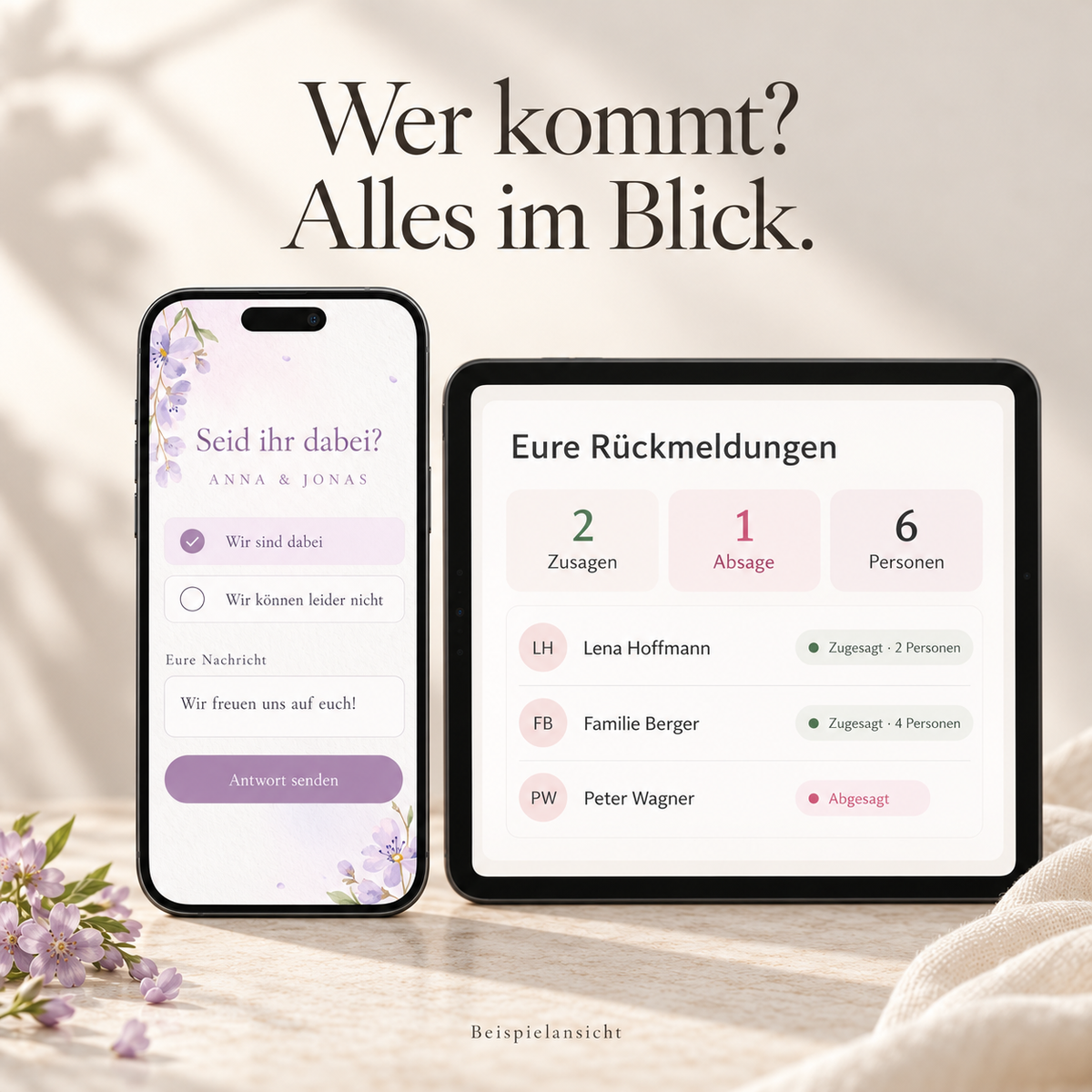 Beispielansicht: Zu- und Absagen zur Hochzeitseinladung mit Rückmeldungen im Dashboard
