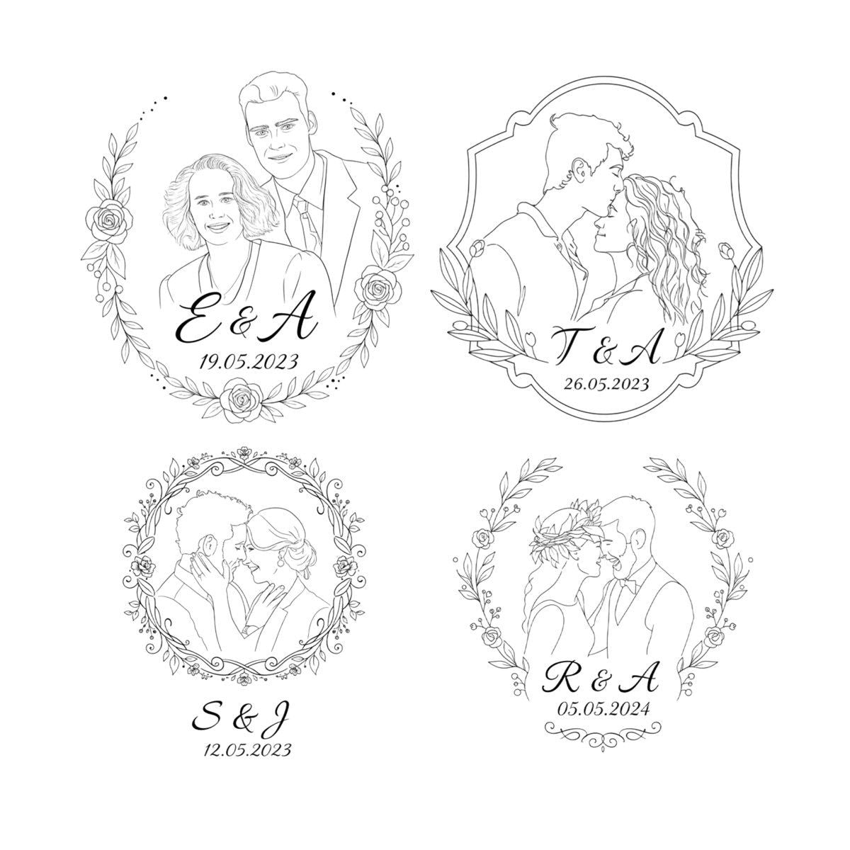 Personalisierte Hochzeitslogos – vier Designstile mit Initialen zur Auswahl