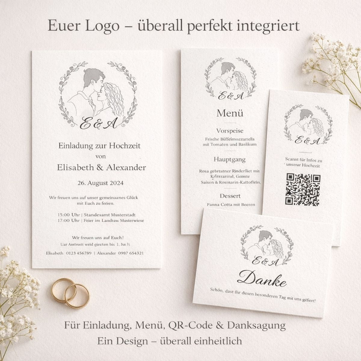 Personalisiertes Hochzeitslogo auf Einladung, Menükarte, QR-Code und Danksagung – einheitliches Hochzeitsdesign