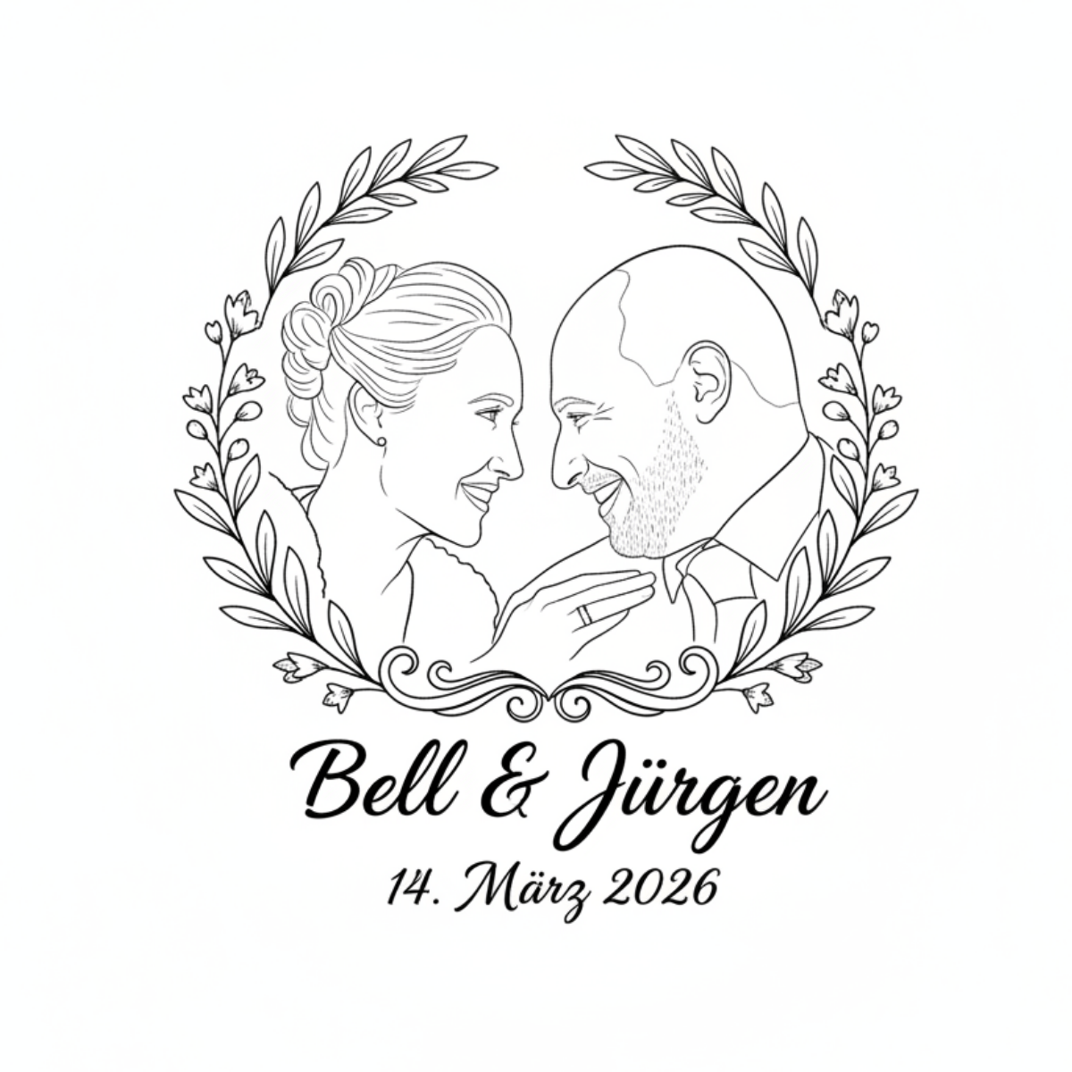 Personalisiertes Hochzeitslogo Brautpaar Illustration mit Namen und Datum