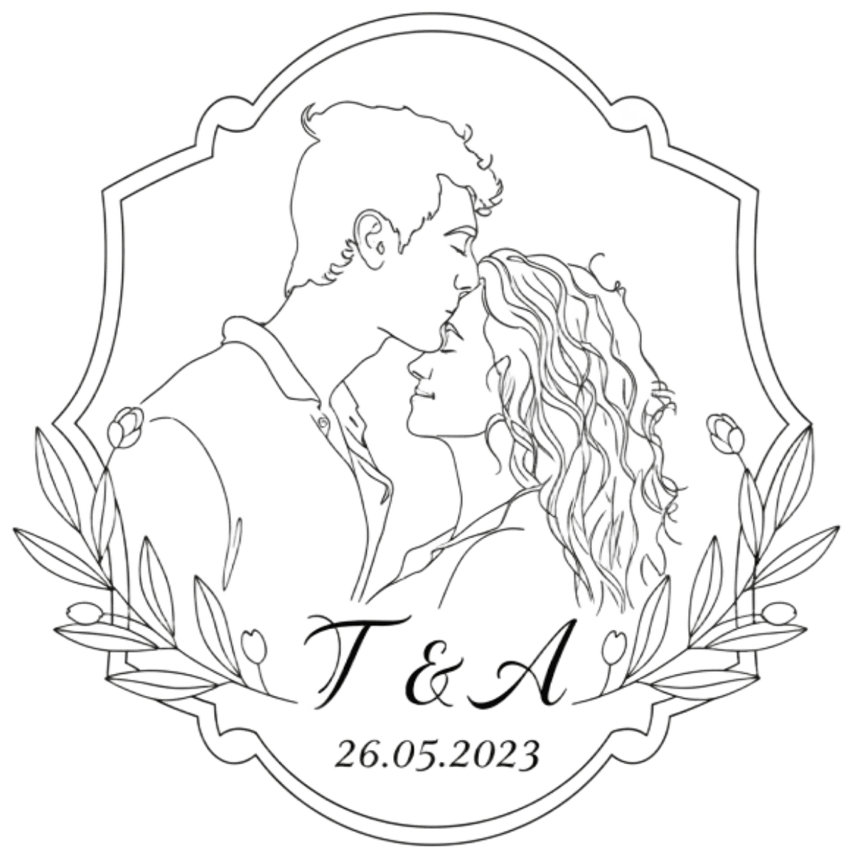 Personalisiertes Hochzeitslogo im Line-Art-Stil mit Initialen T & A als elegante schwarz-weiße Illustration