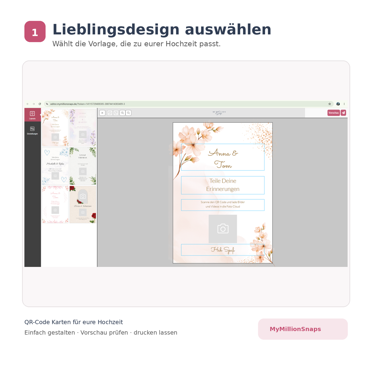 QR-Code Karten für die Hochzeit im MyMillionSnaps Editor – Hochzeitsdesign auswählen