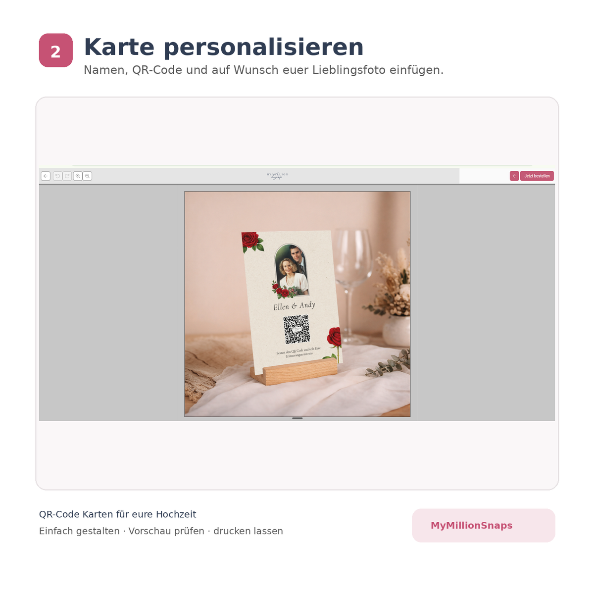 Personalisierte QR-Code Karte für die Hochzeit mit Namen, Foto und QR-Code im MyMillionSnaps Editor