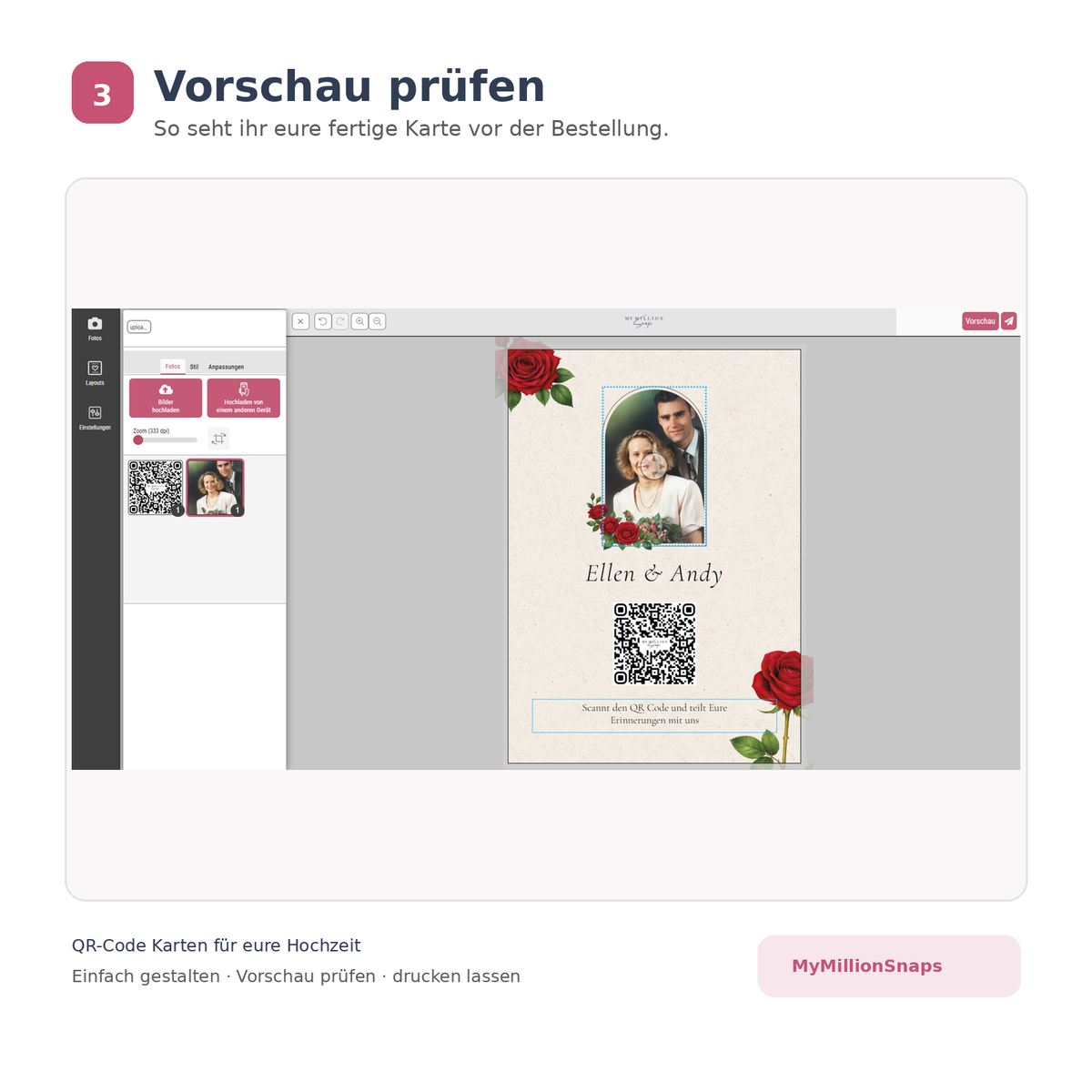 Vorschau einer personalisierten QR-Code Hochzeitskarte vor der Bestellung bei MyMillionSnaps