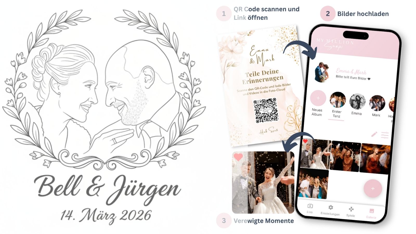 Hochzeitsgalerie + Hochzeitslogo Bundle – Fotos & Videos mit QR-Code sammeln