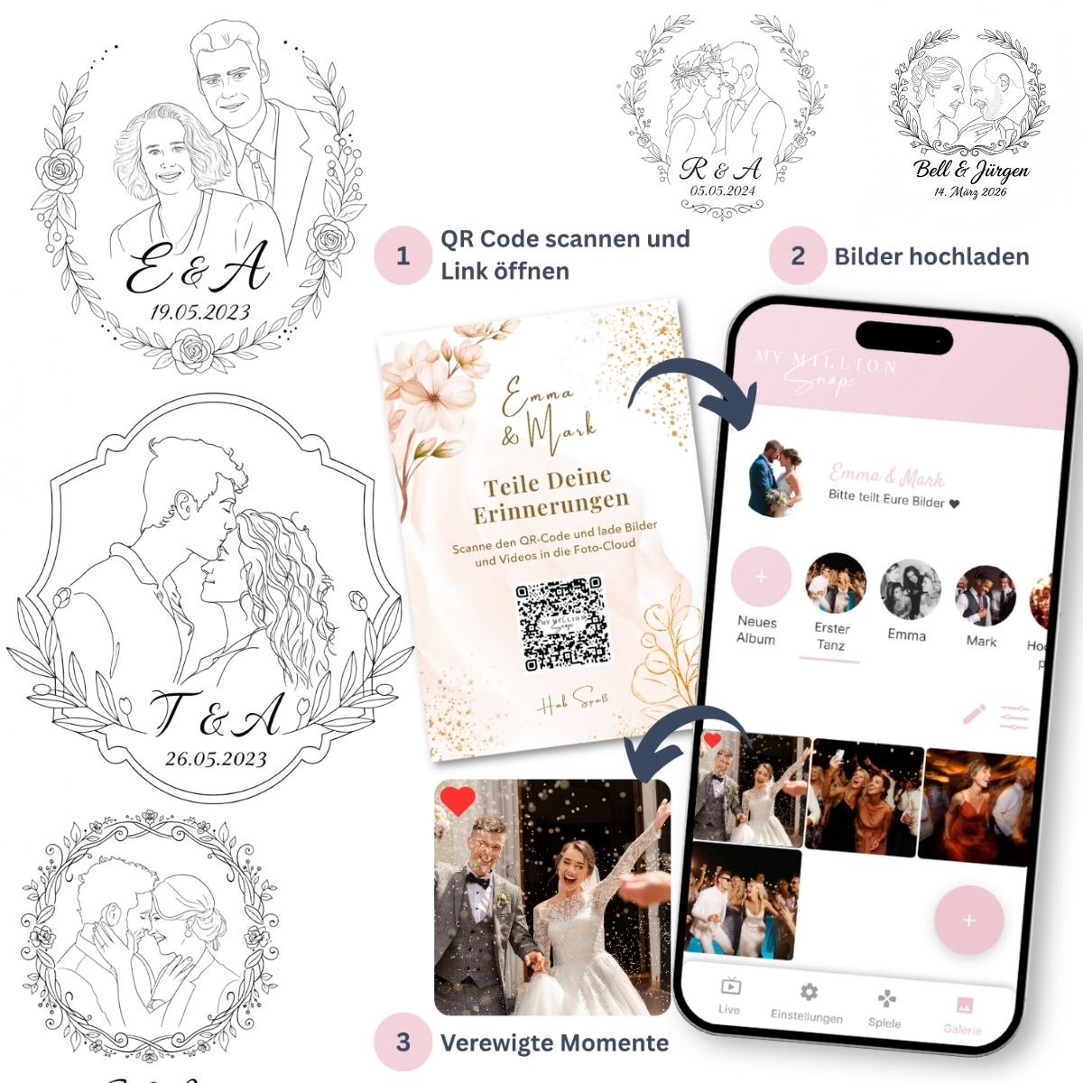 Hochzeitsgalerie + Hochzeitslogo Bundle – Fotos & Videos mit QR-Code sammeln