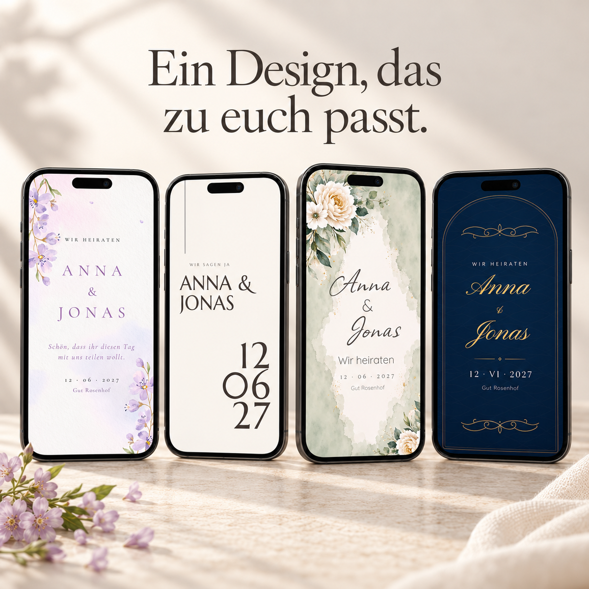 Vier Designs für digitale Hochzeitseinladungen: Fliederranke, Minimalism, Salbeirose und Goldfaden
