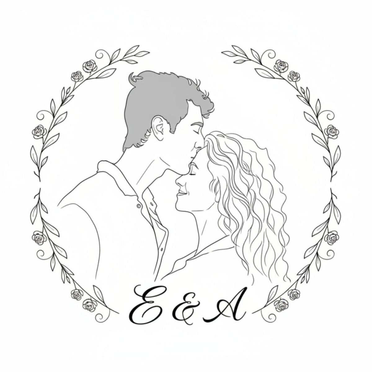 Personalisiertes Hochzeitslogo im Line-Art-Stil mit Initialen E & A als elegante schwarz-weiße Illustration