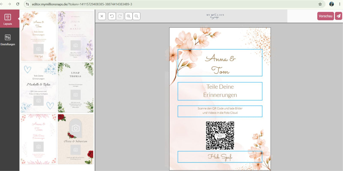 QR-Code Tischkarte für die Hochzeit online personalisieren von MyMillionSnaps