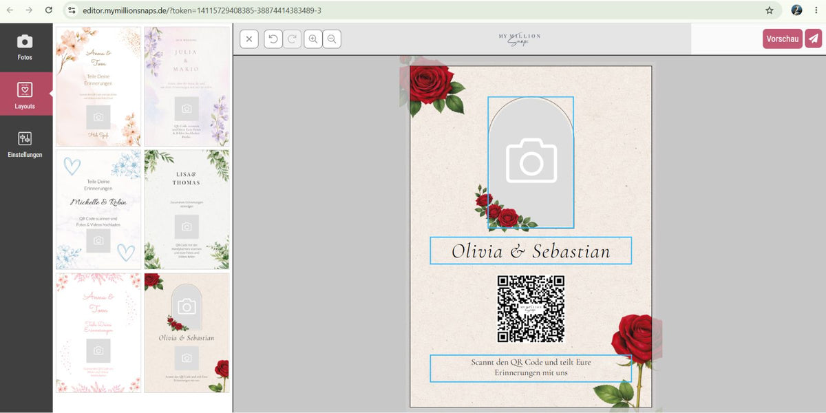 Hochzeitskarte mit eigenem Brautpaarfoto und QR-Code gestalten