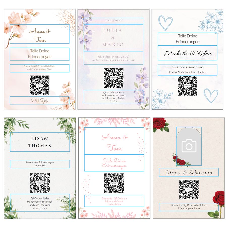 Auswahl verschiedener Designs für personalisierte QR-Code Hochzeitskarten von MyMillionSnaps