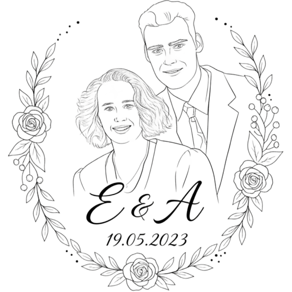 Personalisiertes Hochzeitslogo im Line-Art-Stil mit Initialen A & E als elegante schwarz-weiße Illustration