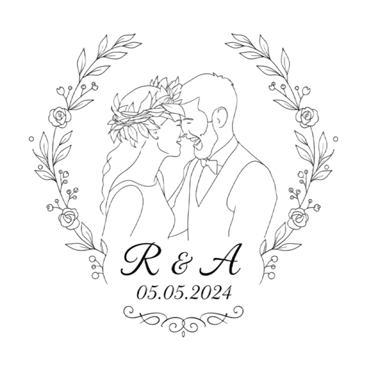 Personalisiertes Hochzeitslogo im Line-Art-Stil mit Initialen R & A als elegante schwarz-weiße Illustration