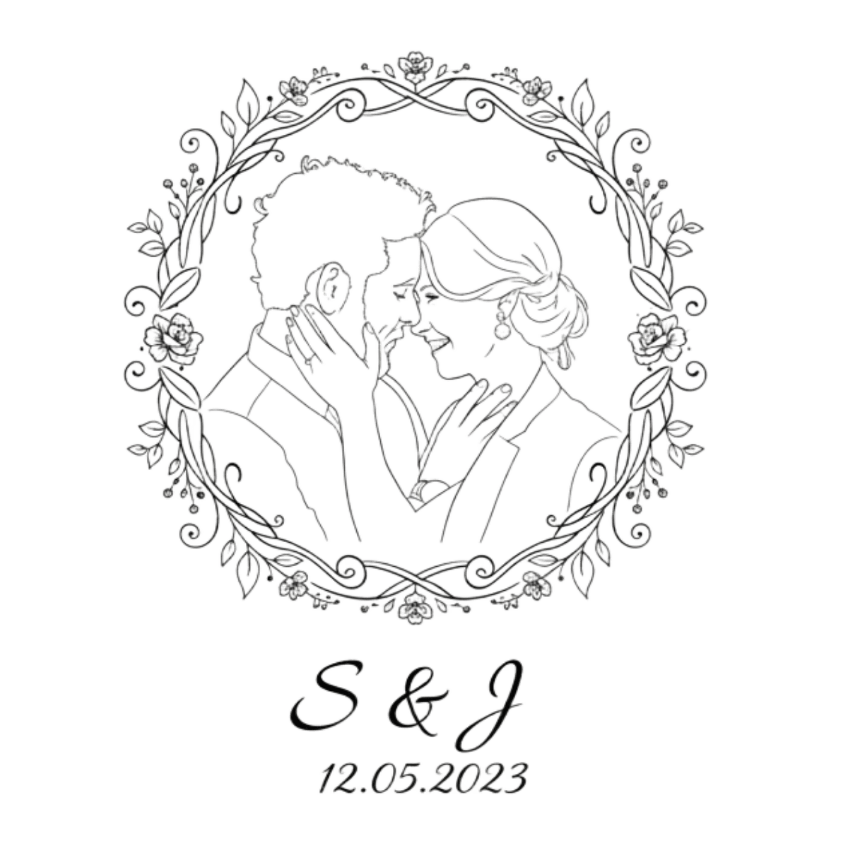 Personalisiertes Hochzeitslogo im Line-Art-Stil mit Initialen S & J als elegante schwarz-weiße Illustration