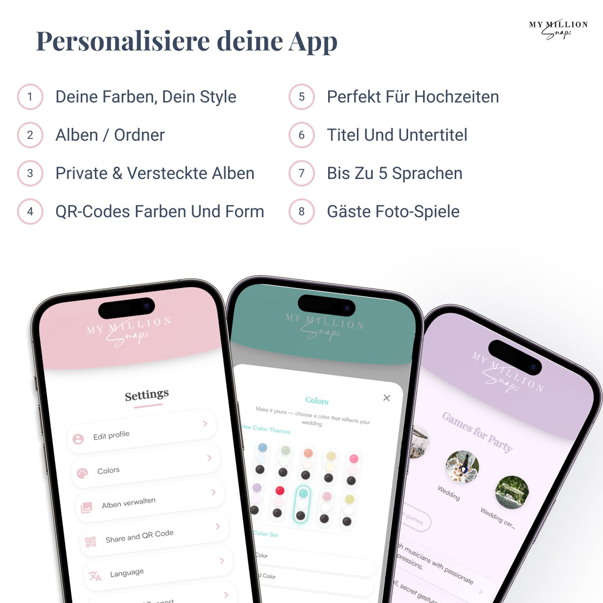 Individuelle Gestaltung der Online Hochzeitsgalerie: Die App lässt sich an das Hochzeitsdesign anpassen. Features inklusive Titel-Anpassung, Mehrsprachigkeit und Verwaltung von Foto-Ordnern.