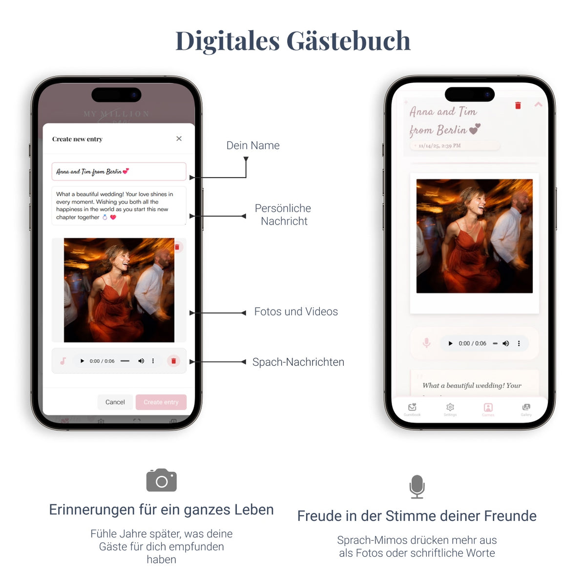 Interface des digitalen Gästebuchs: Smartphone-Ansicht zum Erstellen von Einträgen mit Name, Text, Bild und Sprach-Memo. Die perfekte Ergänzung für jede Online-Hochzeitsgalerie.